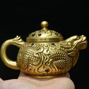 Chinese antique handmade exquisite pure copper inlaid gemstone faucet teapot wine pot ornaments