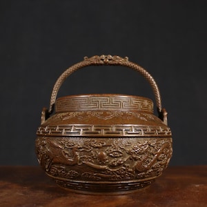 Quemador de incienso portátil de cobre puro antiguo chino, exquisito y raro, con forma de dragón y fénix, de gran auspiciosidad, hecho a mano.