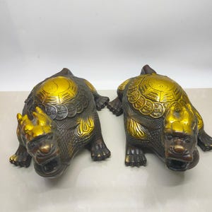 A pair of exquisite and rare pure copper gilt dragon turtle statues handmade by Chinese antiques