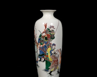 Exquisite Chinese antique vase with polychrome painted figures and scenes.