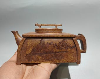 Chinese antieke handgemaakte kleischilderij, houtgestookte oventransformatie, patroon van figuurspelende piano, paarse kleitheepot, decoratie theeservies