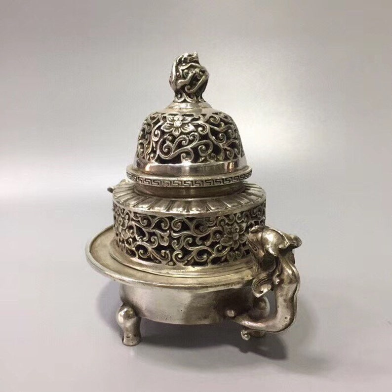 Chinese antique Tibetan silver hand carved ancient incense burner