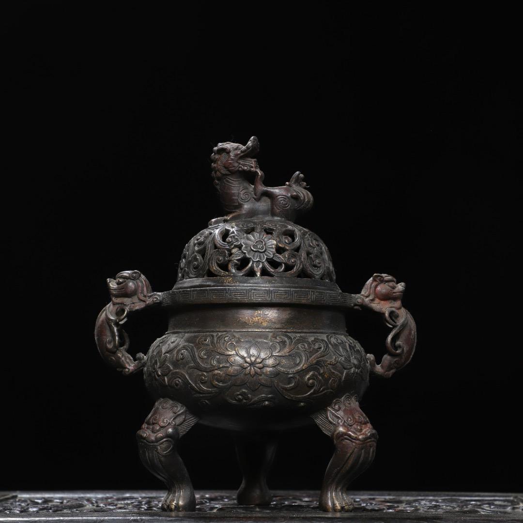 希少で精巧な手作りの中国アンティークブロンズライオン型香炉装飾品