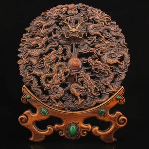 Chinese ancient boxwood sculpture, pure hand carved dragon statue, inlaid with precious stones
