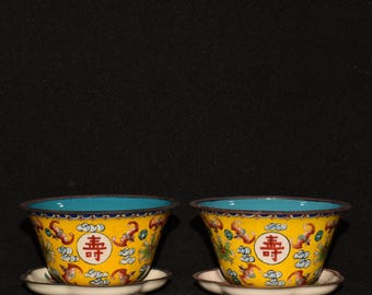 Chinese antique pure hand-made exquisite rare pure copper cloisonné enamel longevity tea bowl tea tray ornaments