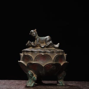 Chinese antique handmade exquisite rare pure copper rubbing gold lotus boy incense burner ornaments