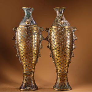 A pair of exquisite and rare Chinese antique handcrafted bronze goldfish vase figurines