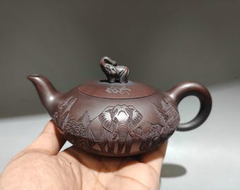 Chinese antique pure hand-painted clay exquisite rare wood-fired kiln-changed lucky elephant teapot purple sand teapot tea set ornaments