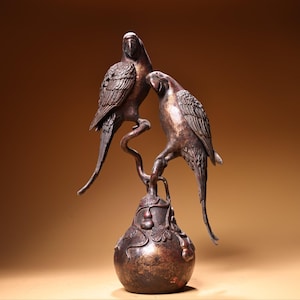 Chinese antique handmade exquisite rare pure copper high relief chiseled mud gold gourd parrot incense burner ornaments