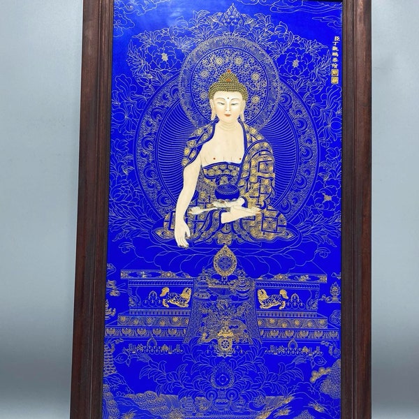 Chinese antique handmade large mahogany inlaid porcelain plate painting filigree thangka hanging screen
