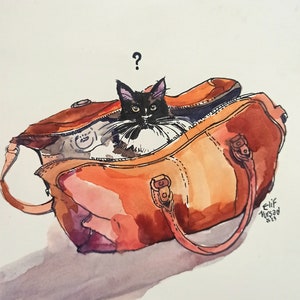 1- Surprising, unexpected, thought-provoking, witty cat!    20,5x17, 2023  hand made watercolor on paper