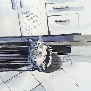 Gato hambriento, 15 x 17 cm, Lápiz de línea de arte hecho a mano, Acuarela sobre papel, 2019