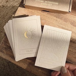 Cosmic Intentions - 18 Card Gold Edition - Gold Foil - Affirmation Cards Set - Beige - Spiritual Affirmation Cards - Oracle Tarot Deck