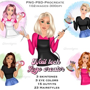 Nail Technician Logo Creator | Build your own beauty logo for your business | Manicurist clipart set | Cartoon beauty portrait logo