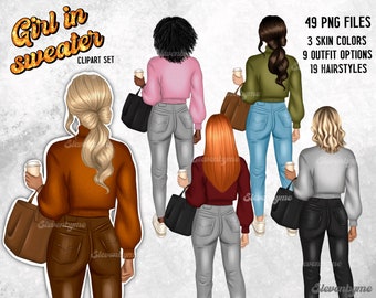 May include: A digital clipart set of four women wearing sweaters and jeans. Each woman has a different hairstyle and skin tone. The women are holding coffee cups and purses. The text "Girl in sweater" and "Clipart Set" is displayed at the top of the image.