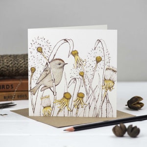 Carte de voeux oiseau et fleurs de pissenlit