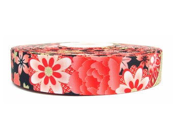 Ruban gros grain 16, 22 ou 25 mm fleurs motif japonais vendu au mètre