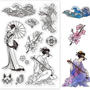 Tampons clear motifs japonais geisha carpe koï vague scrapbooking cartes