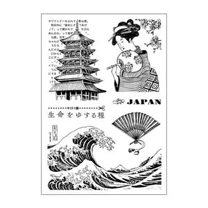 Tampons clear motifs japonais geisha temple vague d'Hokusai scrapbooking cartes
