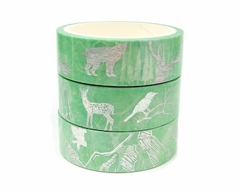 Masking tape washi tape adhésif décoratif animaux de la forêt 15mm vert et argent