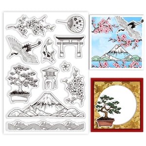 Tampons clear motifs japonais Mont Fuji grue carpe fleurs de cerisier scrapbooking cartes