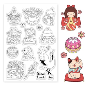 Tampons clear motifs japonais geisha maneki neko grue scrapbooking cartes