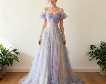 Purple Off Shoulder Tulle Prom Dress,Elegant Formal Evening Gown,Ball Party Bridesmaid Wedding Guest Maxi Dress,Birthday Dress,Fairy Dress