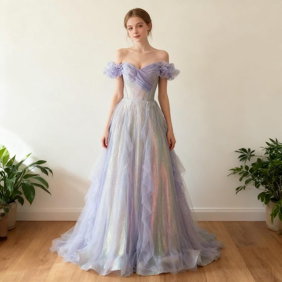 Purple Off Shoulder Tulle Prom Dress,Elegant Formal Evening Gown,Ball Party Bridesmaid Wedding Guest Maxi Dress,Birthday Dress,Fairy Dress