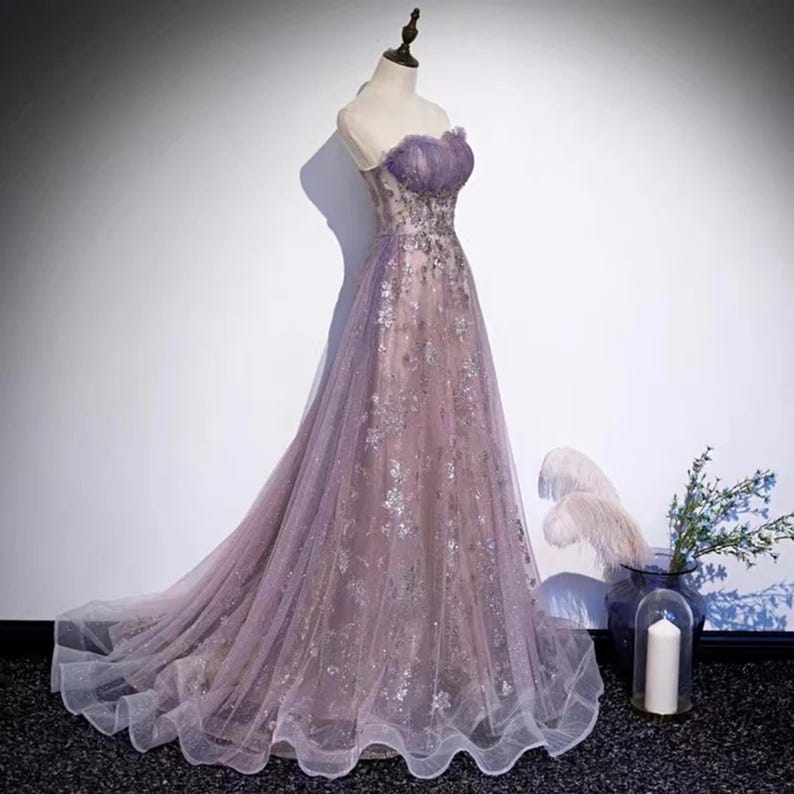 Purple Tulle Sequin Long Princess Dress Evening Gown Y5619