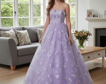 Purple Lace Butterfly Dress Gowns,Sweetheart Prom Dress,Fairy Ball Gown,Wedding Dress,Evening Party Dress,Elegant Graduation Party Dress