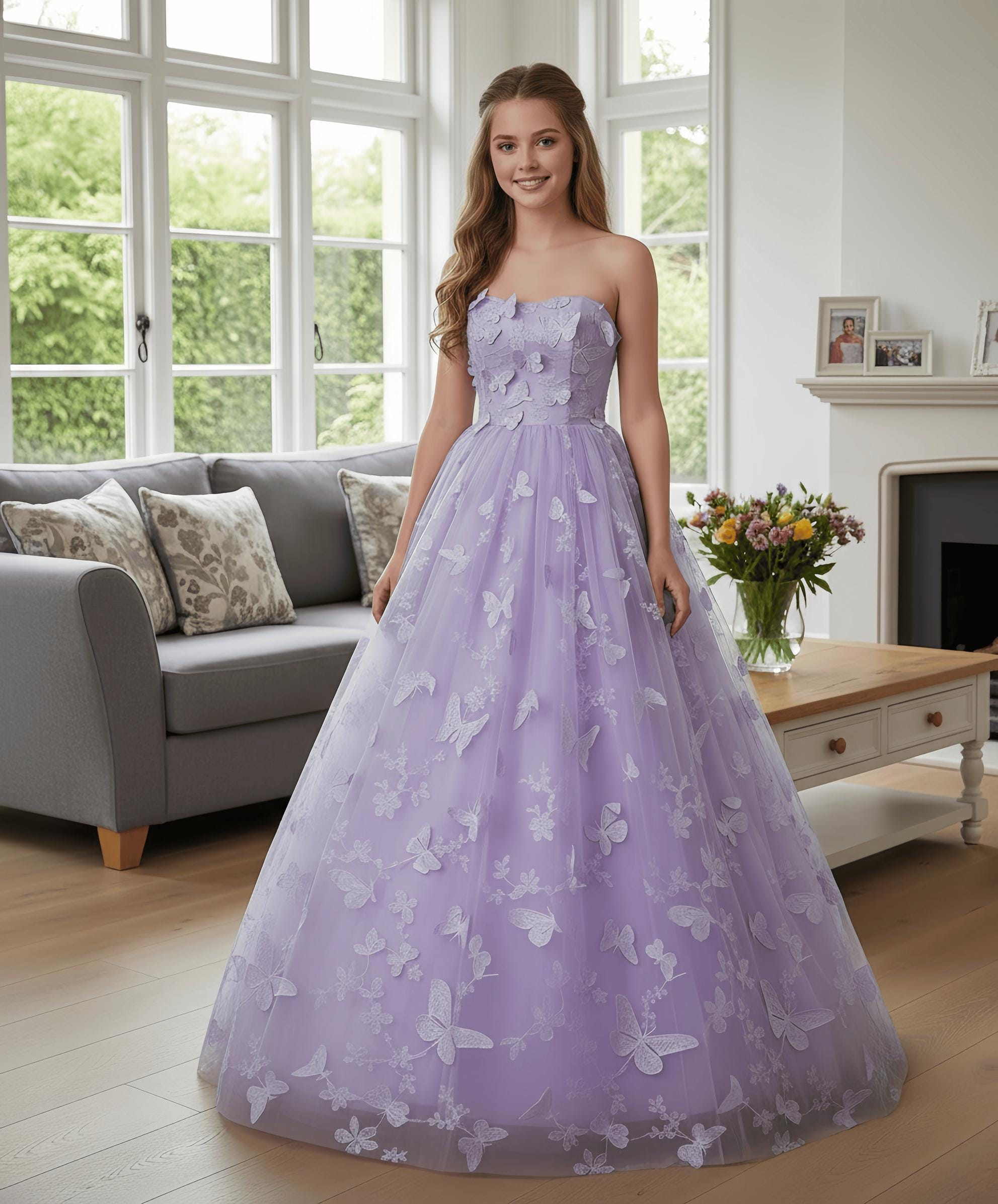 strapless open back dress A-line Straps White Long Prom Dress Beautiful Butterfly Formal Dresses  Evening Dress KPY066