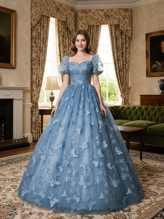 blue butterfly homecoming dress Lilac Butterfly Lace A Line Prom Dresses Strapless Sparkly Long Party Dress ARD2896 main image 0