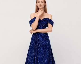 Blue Sequins Formal Prom Dress,Cocktail Party Dress,Off Shoulder Dress,Fairy Prom dress,Wedding dress,Elegant Party dress,Bridesmaid gown