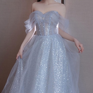 Blue Off Shoulder Sequin Tulle Prom Dress,Elegant party dress,Bridesmaid gown,Sweetheart Gowns,Fairy prom dress,Wedding dress,Princess dress