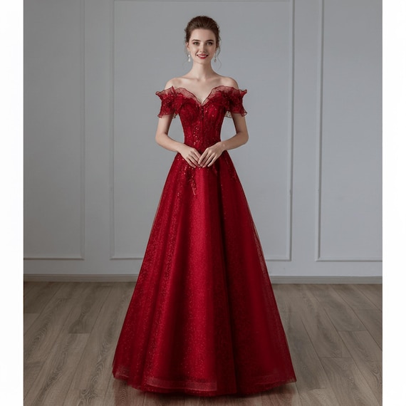 evening dress red colour G535, Red Luxury Off Shoulder Ball Gown, Size (XS-30 to L-38) – Style Icon  www.dressrent.in main image 0