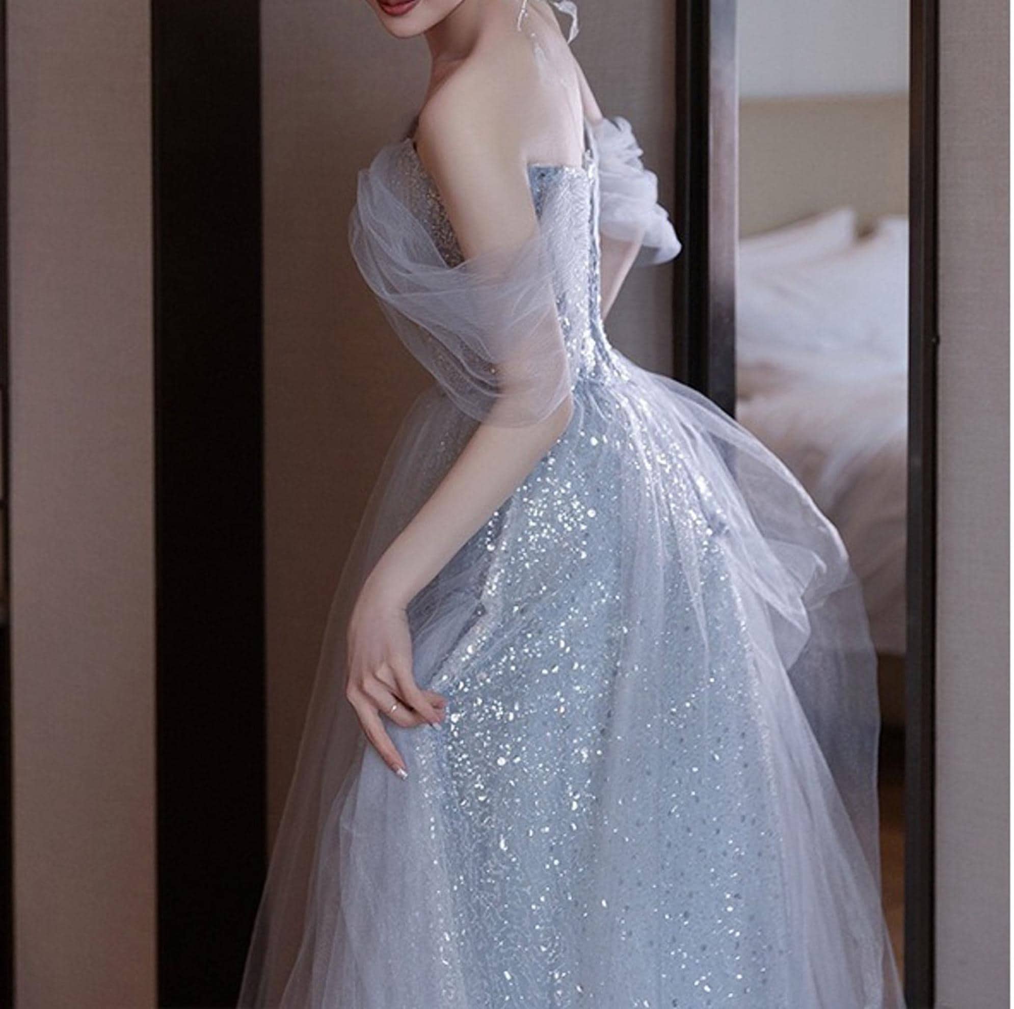 Cute Light Blue Off the Shoulder Sequin Lace Prom Dresses with Feather VK23120203