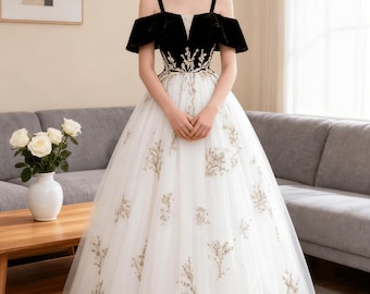 Gebloemde galajurk met zwarte band, prinsessenjurken liefje, trouwjurk, elegante feestjurk, bruidsmeisjesjurk, cocktailjurk, avondfeestjurk