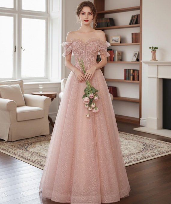 blush evening dress Zapaka Women Blush Long Prom Dress with Slit A Line Spaghetti Straps Lace  Up Back Appliqued Evening Dress – ZAPAKA
