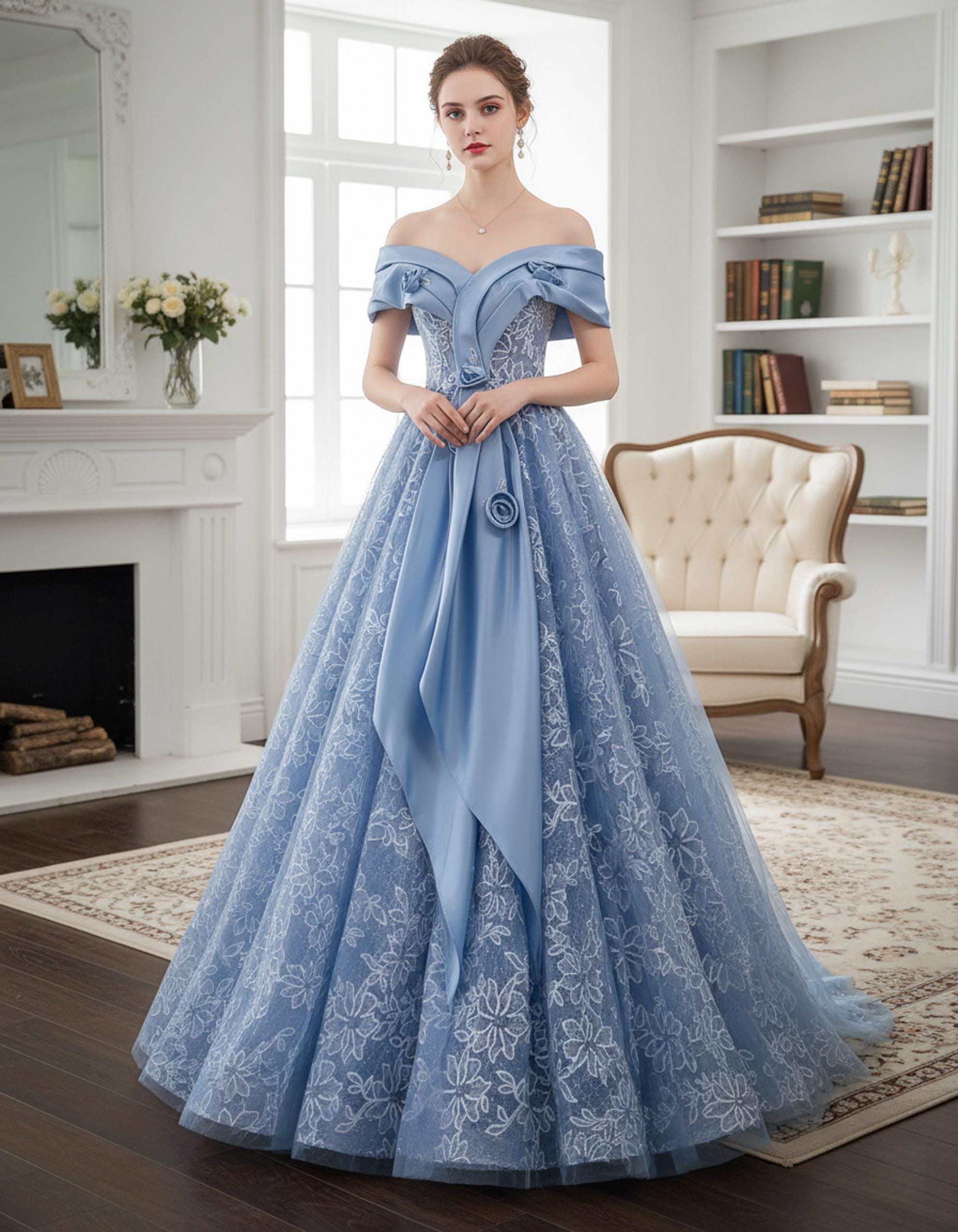 off shoulder dress with floral embellishment in vintage blue Floral off-the-shoulder Summer Dress, Modest Blue Floral Print Midi Dress, Prom Fairy Dress Spring Formal Wedding Guest Dress Vacation Dress