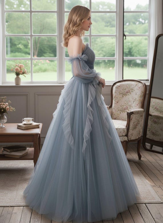 Buy Whimsical Grey-blue Off-shoulder Ball Gown,wedding Guest Dress,elegant Formal  Evening,bridal Shower Dress,fairytale Dress,puff Sleeves Dress Online in  India - Etsy