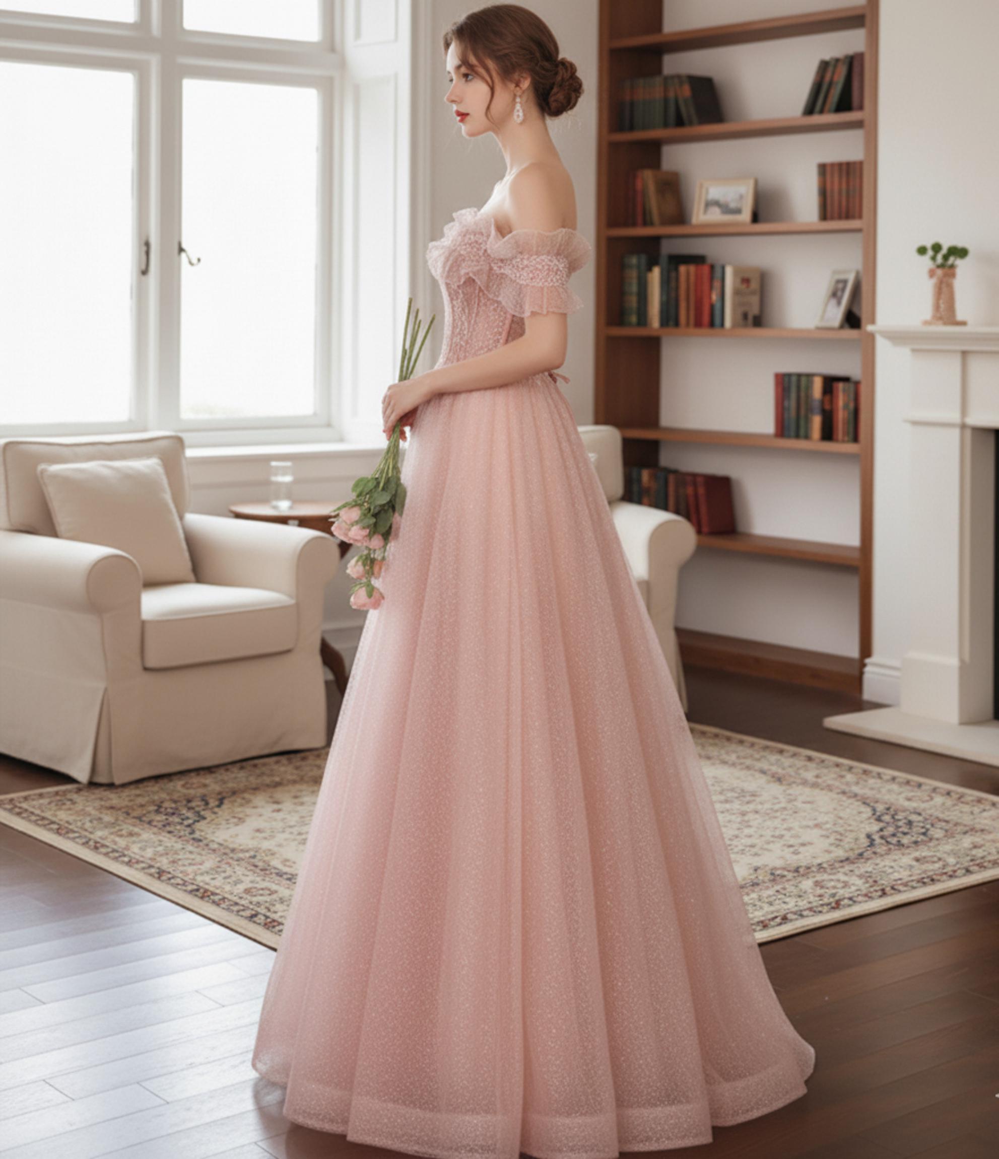 Fairy Blush Pink Sparkle Ball Gown Off The Shoulder Prom Dress,Glitter Tulle Fairy Formal Gown,Elegant Evening Dress for Wedding Guest Fairy Blush Pink Sparkle Ball Gown Off The Shoulder Prom Dress,Glitter Tulle Fairy Formal Gown,Elegant Evening Dress for Wedding Guest