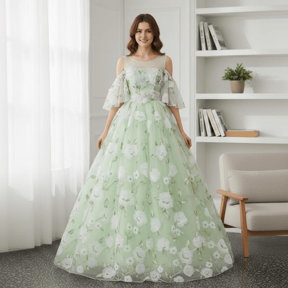 Green Flower Princess Prom Dress,fairy Dress,formal Evening Dress,wedding  Party Dress,elegant Party Dress,christmas Dress,graduation Dress - Etsy