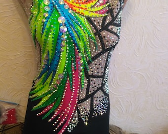 May include: A black leotard with a colorful feather design and rhinestones. The leotard has a scoop neck and sleeveless design.