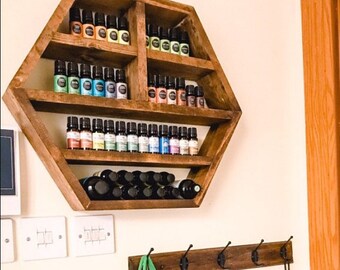 Essential Oil storage, Essential oil shelf, shot glass display case, oil shelf, hexagon shelf, wooden shelf, crystal shelf, beautiful gift