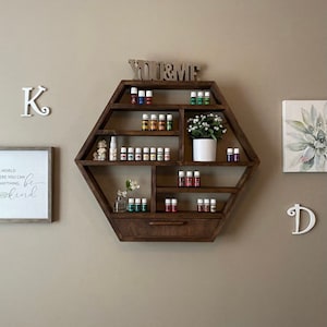 Large Hexagon essential oil shelf, Essential oil storage, Honeycomb shelf, Farmhouse decor, beautiful gift, large nail polish shelf, rustic
