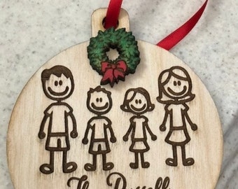 Stick figure Christmas family personalized ornament