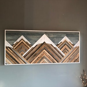 Mountain Snowpeak wall art, decor, reclaimed wood art, mountain picture,interior design, mountain scene, mosaic art