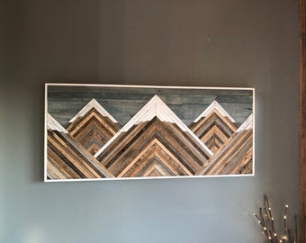 Mountain Snowpeak wall art, decor, reclaimed wood art, mountain picture,interior design, mountain scene, mosaic art