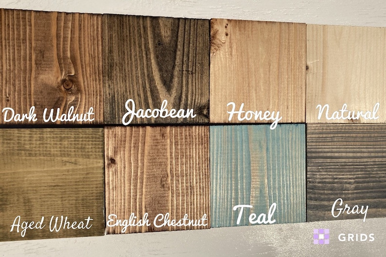 May include: Wood stain color chart showing 10 different wood stain colors: Dark Walnut, Jacobean, Honey, Natural, Aged Wheat, English Chestnut, Teal, Gray.