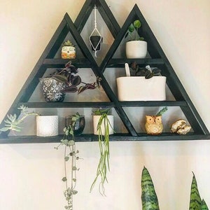 May include: A black wooden triangular shelf unit with multiple shelves, displaying various potted plants and a small owl figurine. The shelf is mounted on a white wall.